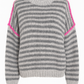 Women's Oversized Knitted Jumper Grey White Striped with Neon Accents | Sizes 10–14 | Cosy Fine Knit