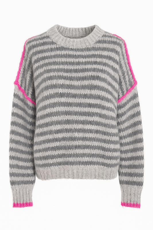 gestreifter Kuschel-Strickpullover mit Neon-Detail in 2 Farben