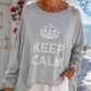 KEEP CALM Oversize Sweatshirt Damen Grau – Leichter Longsleeve Pullover Rundhals High-Low 40–48