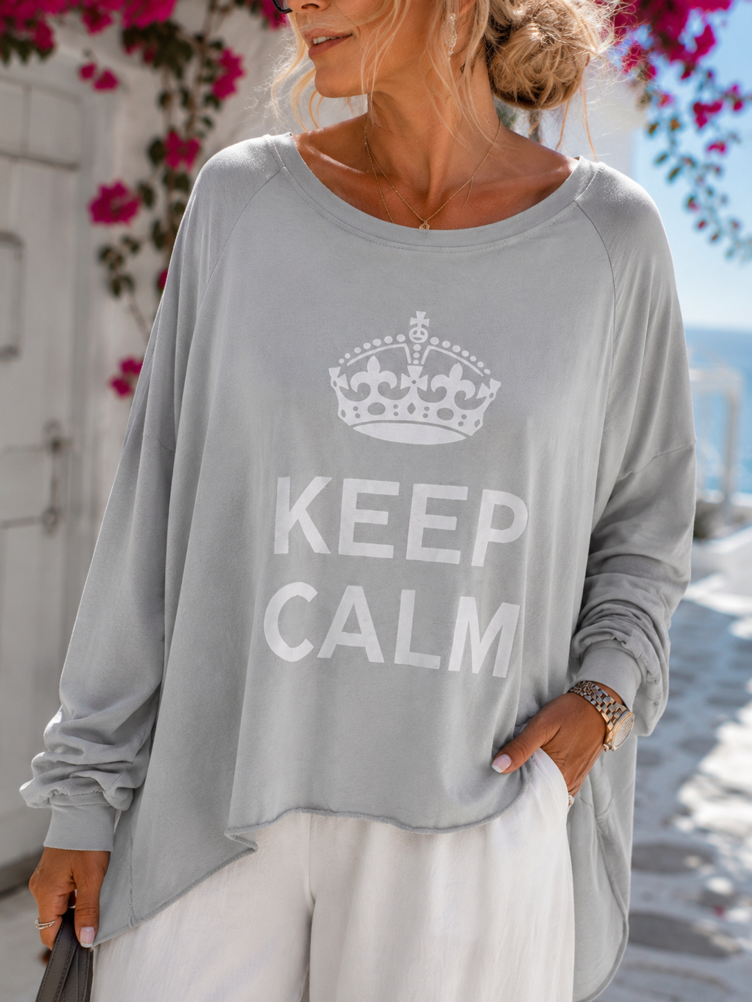 KEEP CALM Oversize Sweatshirt Damen Grau – Leichter Longsleeve Pullover Rundhals High-Low 40–48