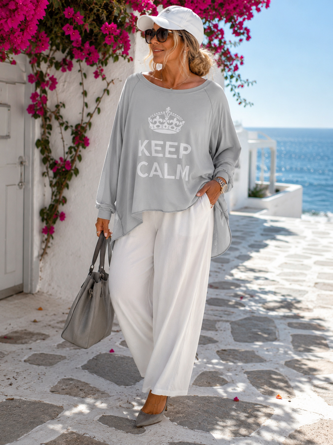 KEEP CALM Oversize Sweatshirt Damen Grau – Leichter Longsleeve Pullover Rundhals High-Low 40–48