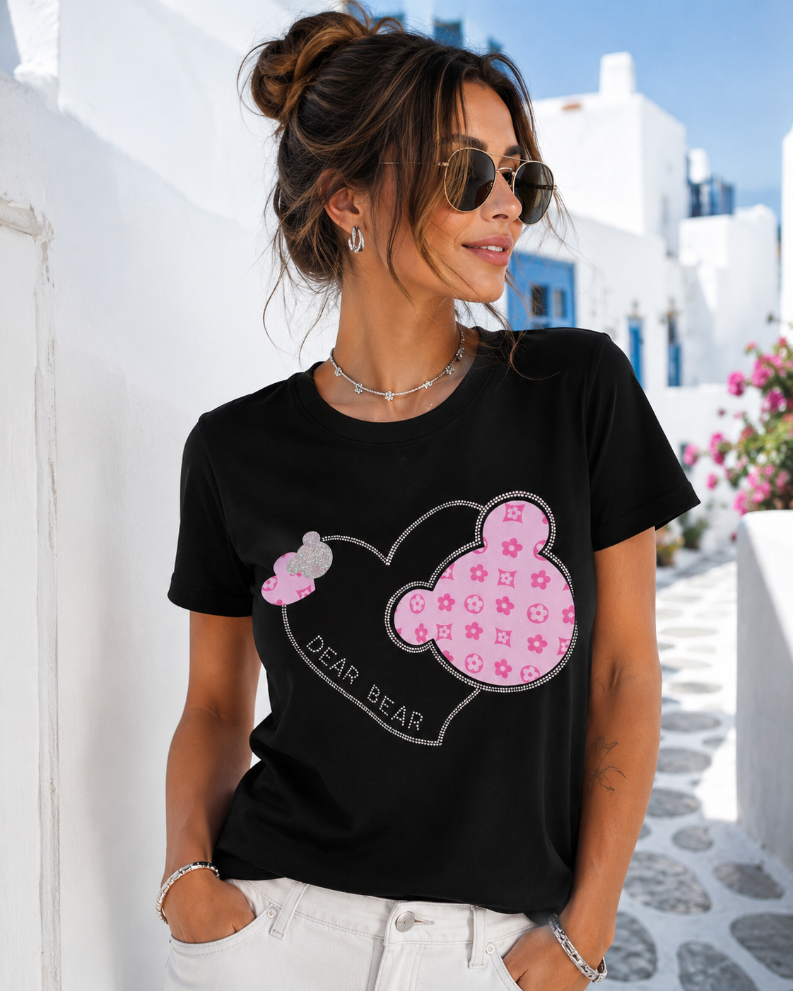 Damen T-Shirt Pink Teddy Heart – Baumwollshirt mit Strasssteinen Schwarz | 36–42