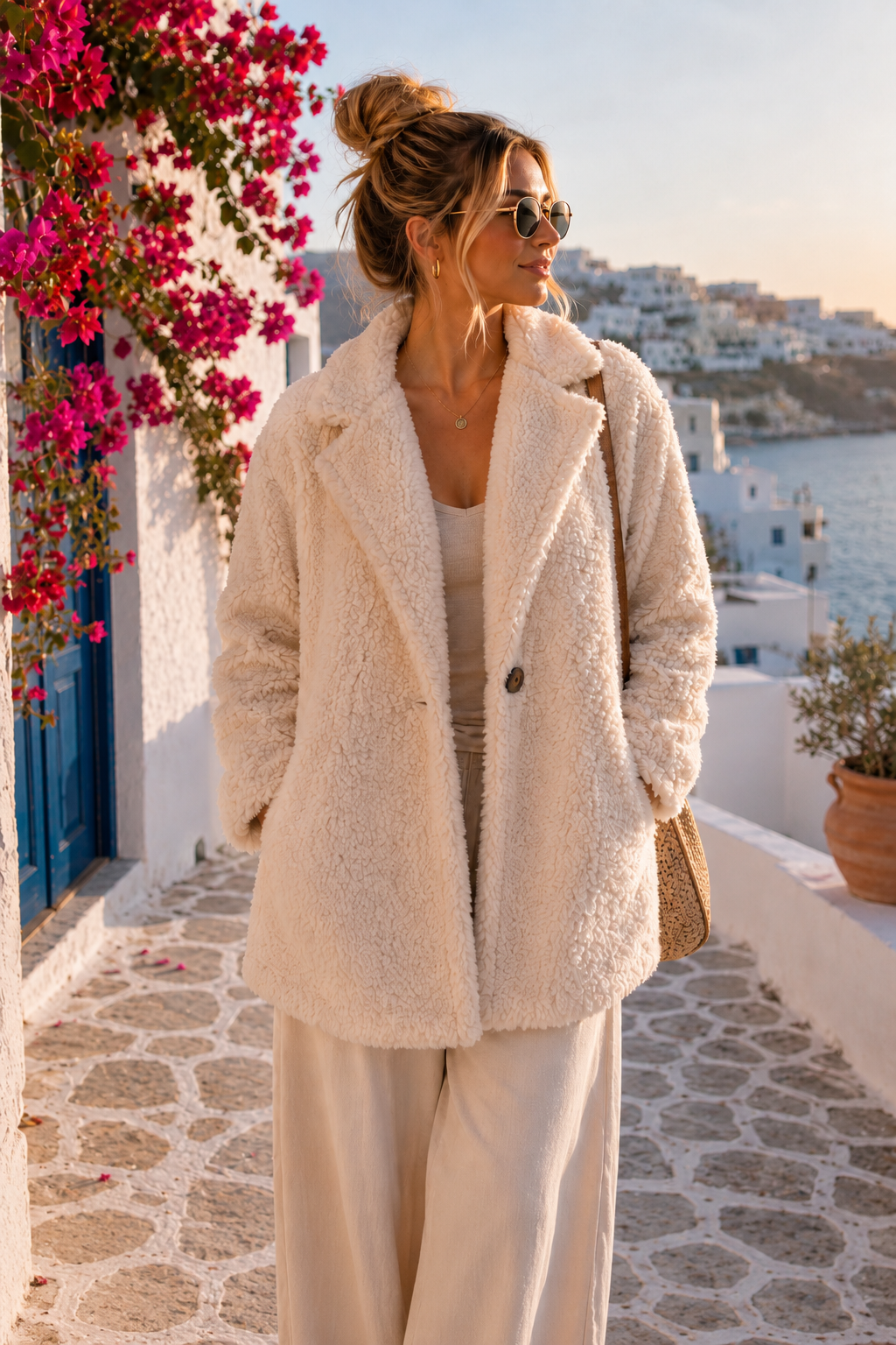 Damen Teddyjacke Oversize Beige mit LOVE Rückenprint | Teddyfell Jacke 38–44