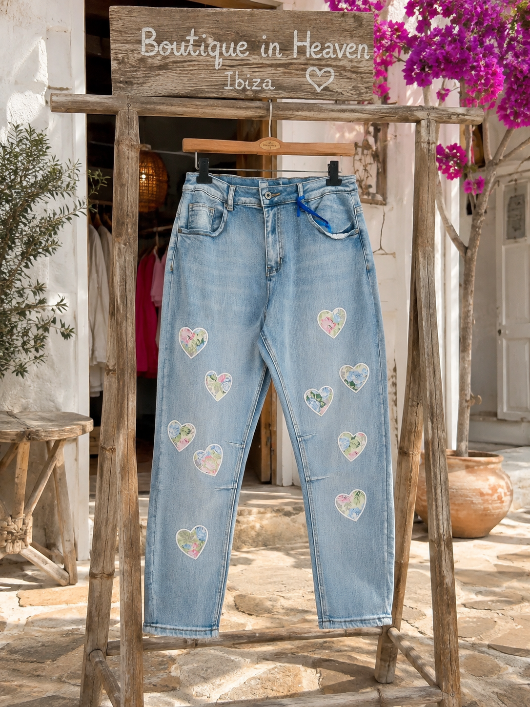 Women's Light Blue Jeans with Heart Patches | Cotton-Stretch Jeans