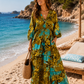 Women's Silk Maxi Dress Blue-Gold – Boho Dress with V-Neck & Lacing | (US 8-12)