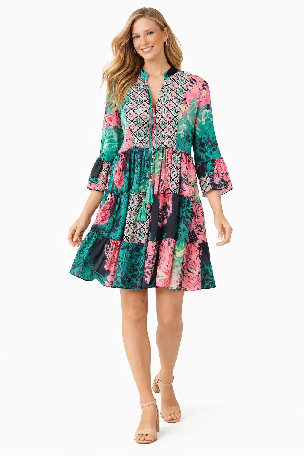 Boho Sommerkleid Damen Pink Grün – Tunika Kleid Midi mit Volantärmeln (Gr. 38-42)