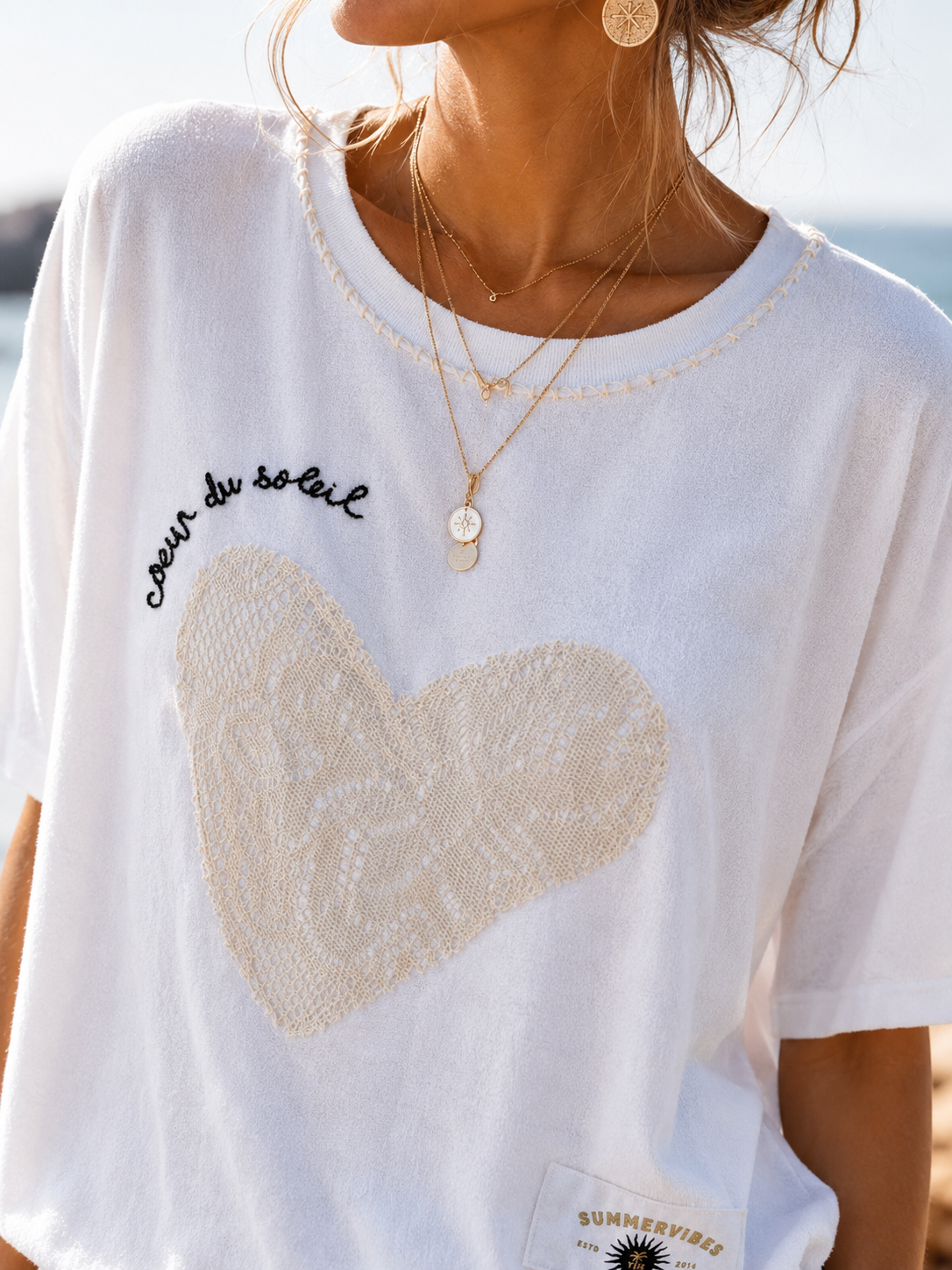Yippie Hippie Women's T-Shirt White - Terry Cloth Shirt with Heart, Loose Fit