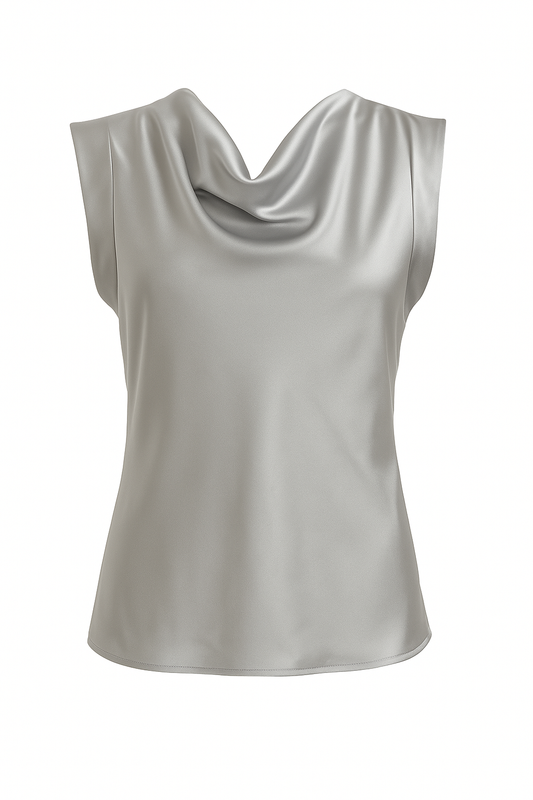 Silbernes Satin-Top mit Wasserfallausschnitt – Made in Italy | Größe 36–40