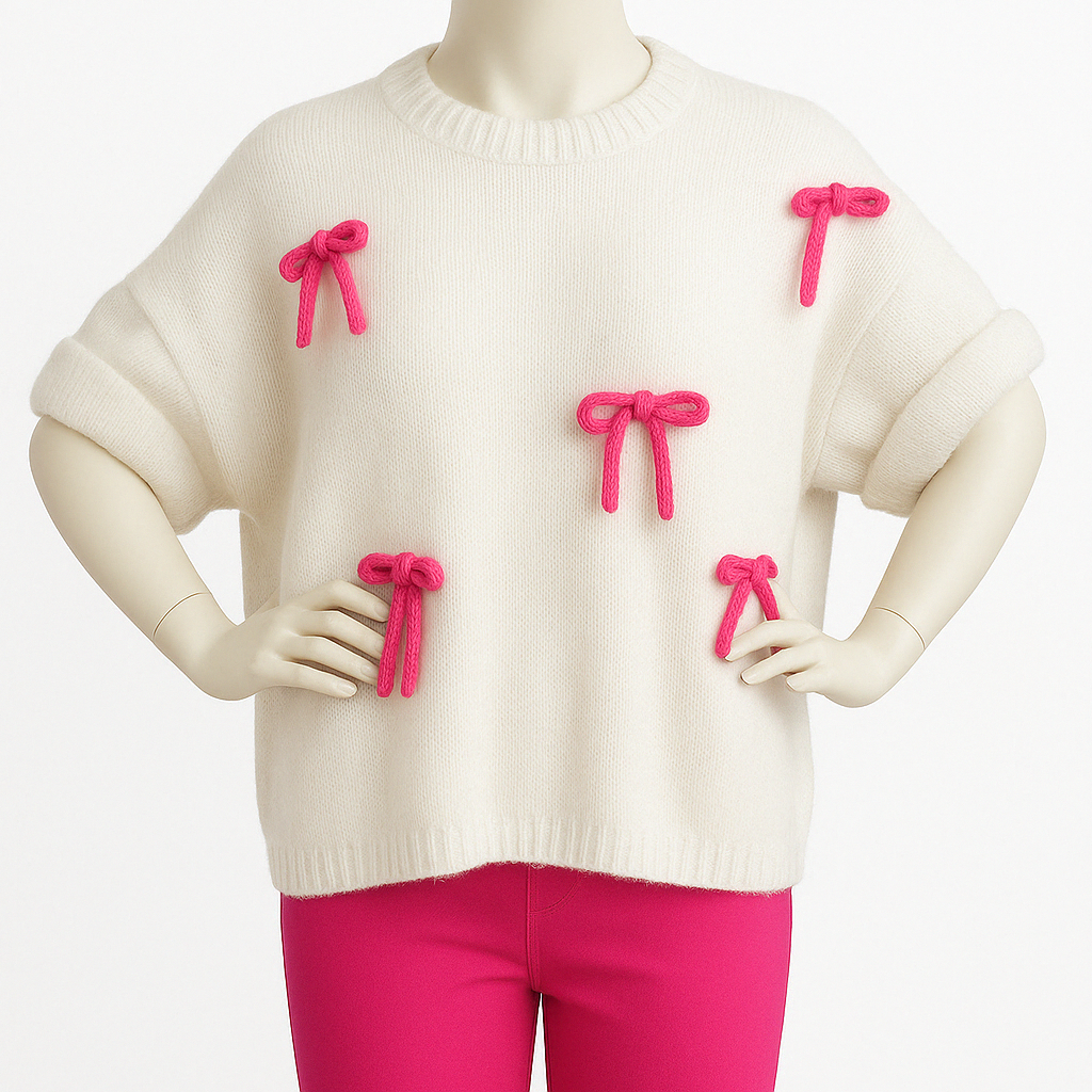 Strickpullover mit auffälligen pinken Schleifen-Details ist ein echtes Statement-