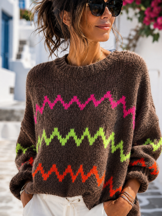 Damen Strickpullover Neon Zick Zack – Oversize Pullover (38–42+)