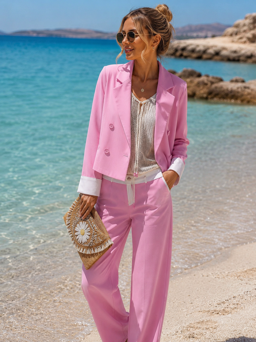 💗Saint-Tropez Pink Glam Zweiteiler – Luxus Blazer & Palazzo-Hose in Candy Pink ✨ L