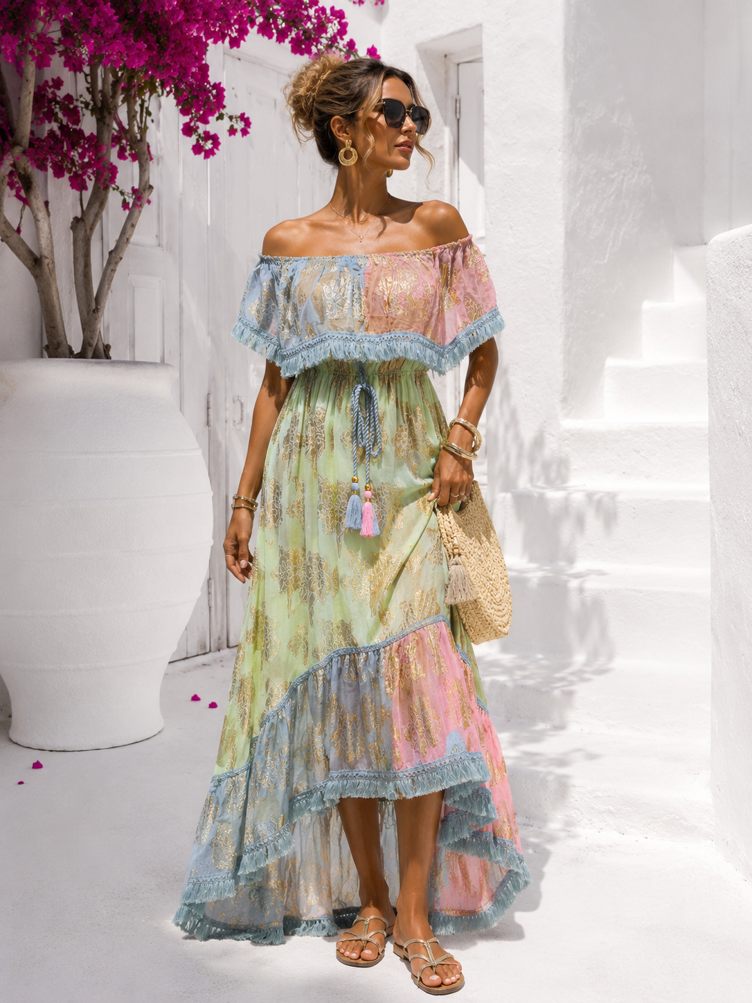 Boho Maxikleid Damen (38–42) – Schulterfrei tragbar, Pastell Hellblau Rosa Gold | Sommerkleid aus Viskose, luftig & elegant