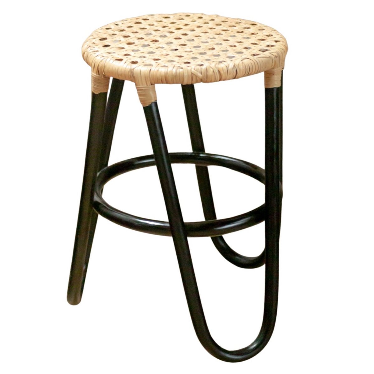 Rattanhocker KOLAKA Schwarz Ø35 cm mit geflochtener Sitzfläche | Dreibeiniger kleiner runder Hocker