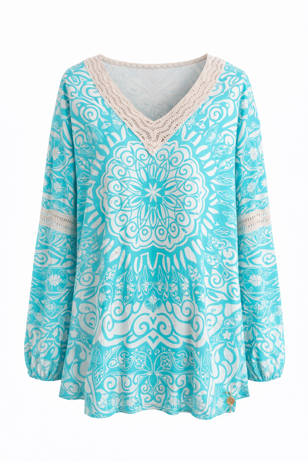 Hippie Hippie Damen Bluse Tunika mit Mandala-Print – Türkis, Baumwolle & Viskose