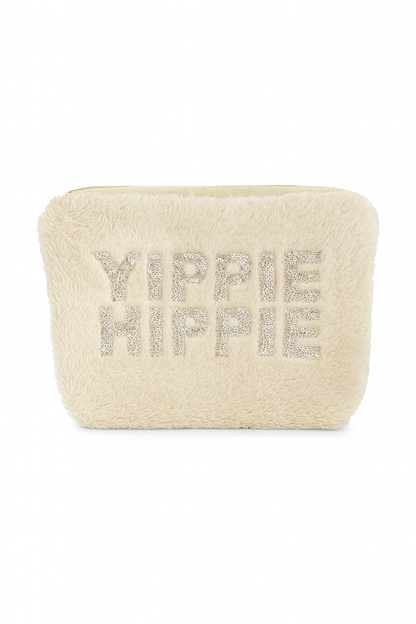 Cosmetic Bag Beige – Teddy Look with Sequins "Yippie Hippie" | Make-up Bag with Zipper