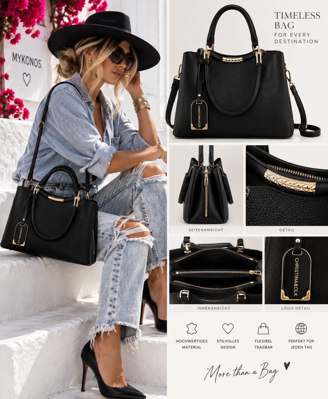 Damen Handtasche Schwarz mit goldenen Details – Henkeltasche & Schultertasche