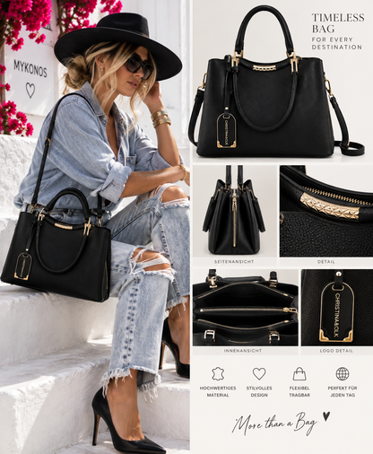 Damen Handtasche Schwarz mit goldenen Details – Henkeltasche & Schultertasche