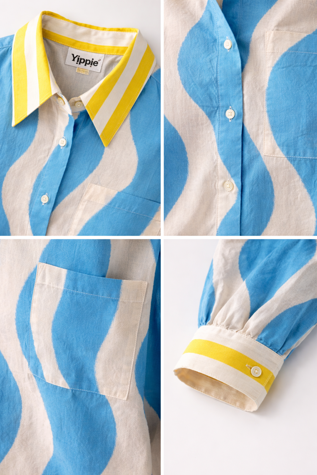 Yippie Hippie Damen Langarmbluse Blau-Weiß mit Wellenmuster & Ciao Bella Print – Baumwolle