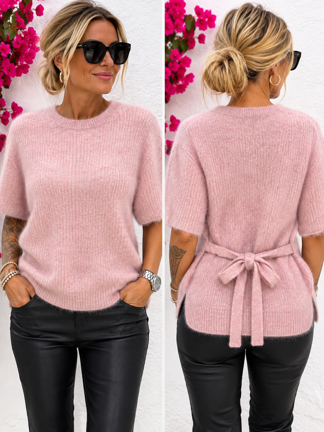 JC Sophie Damen Kurzarm-Strickpullover Rosa aus Alpaka-Mix mit Bindegürtel – Größe S/M