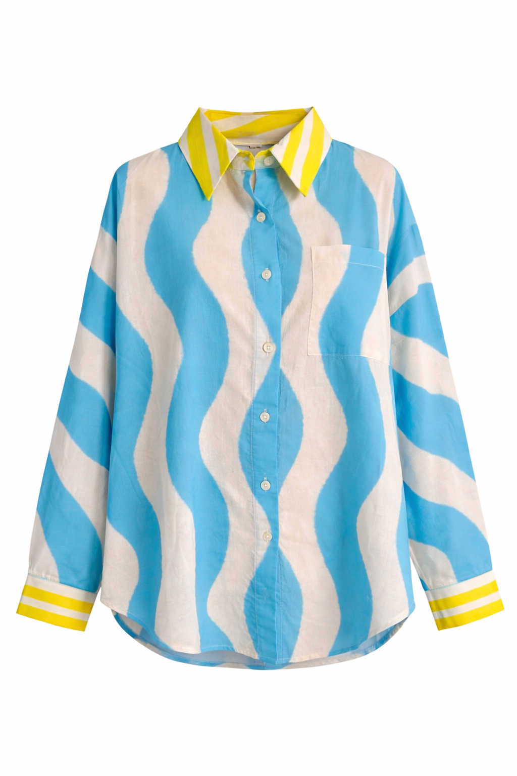 Yippie Hippie Damen Langarmbluse Blau-Weiß mit Wellenmuster & Ciao Bella Print – Baumwolle