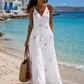 Boho Maxi Dress for Women White – Ibiza Cotton Summer Dress with Cut-out Back (Size 38–42)