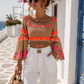 Boho Stretchbluse Neonfarben Damen – Carmenbluse mit Glockenärmeln, Baumwolle, 36–42