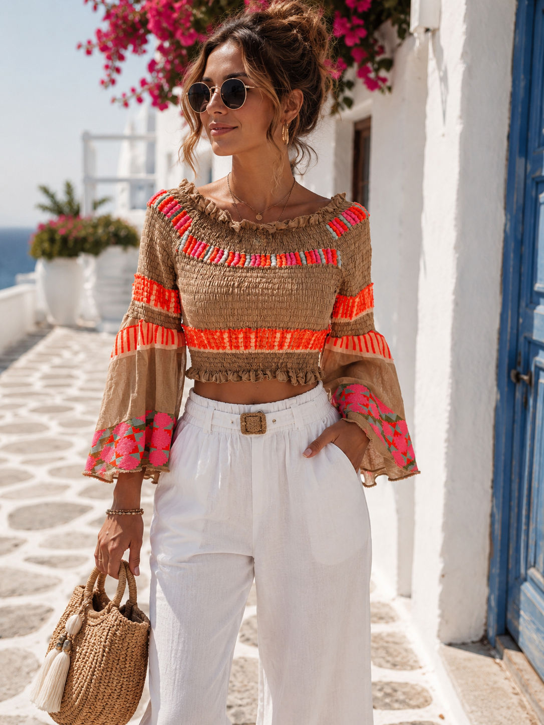 Boho Stretchbluse Neonfarben Damen – Carmenbluse mit Glockenärmeln, Baumwolle, 36–42