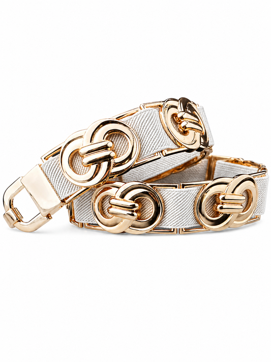Luxury Damen Stretchgürtel Weiß – Elastischer Designer Gürtel mit Gold-Statement Detail | Größe 36–46