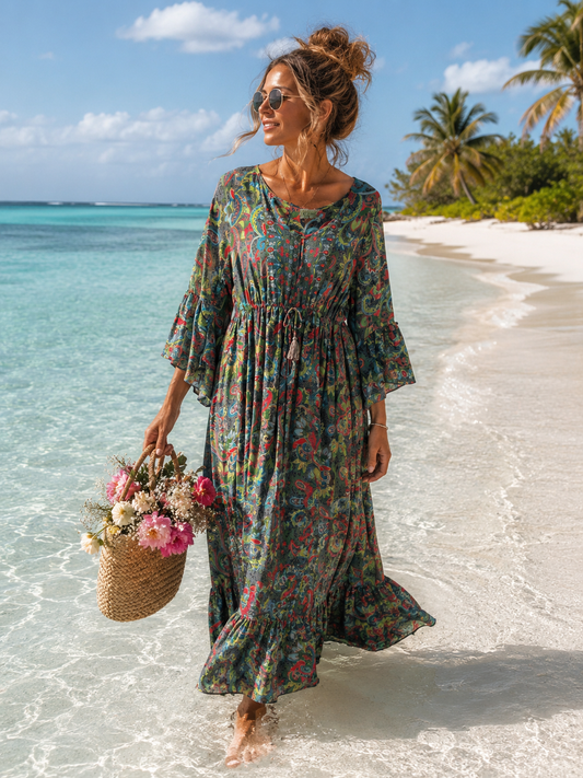Maxikleid Damen Paisley (38–42) – Elegantes Kleid Dunkelgrün mit V-Ausschnitt