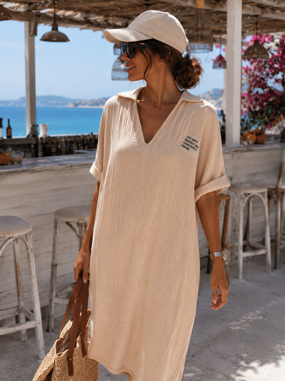 Damen Musselin Kleid 100% Baumwolle – Midikleid Oversize in Dunkelblau, Oliv & Beige | Sommerkleid 38–42