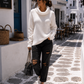 🤍 Damen Strickpullover Mykonos Style Weiß – Off-Shoulder & Wasserfall-Rollkragen (38–42)