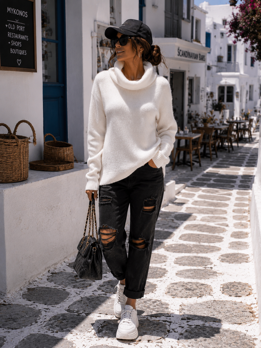 🤍 Damen Strickpullover Mykonos Style Weiß – Off-Shoulder & Wasserfall-Rollkragen (38–42)