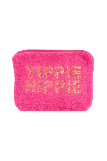 Pink Teddy Fur Cosmetic Bag "Yippie Hippie" - with Sequins | Zipper