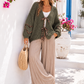 Damen Strickjacke Olivgrün mit Mohair und Wolle – Leo-Herzen und Bindeschleifen – Einheitsgröße 42–44+