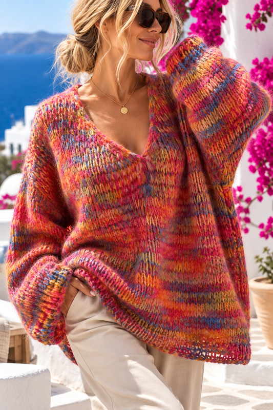 Damen Oversize Lochstrick Pullover Multicolor – Grobstrick – 40–46