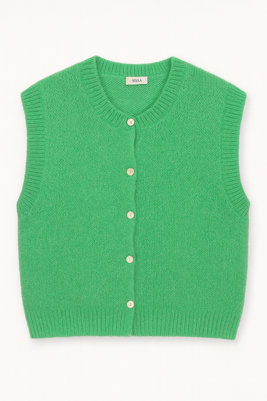 Leuchtend grüne Strickweste – Cardigan ohne Ärmel 🌿