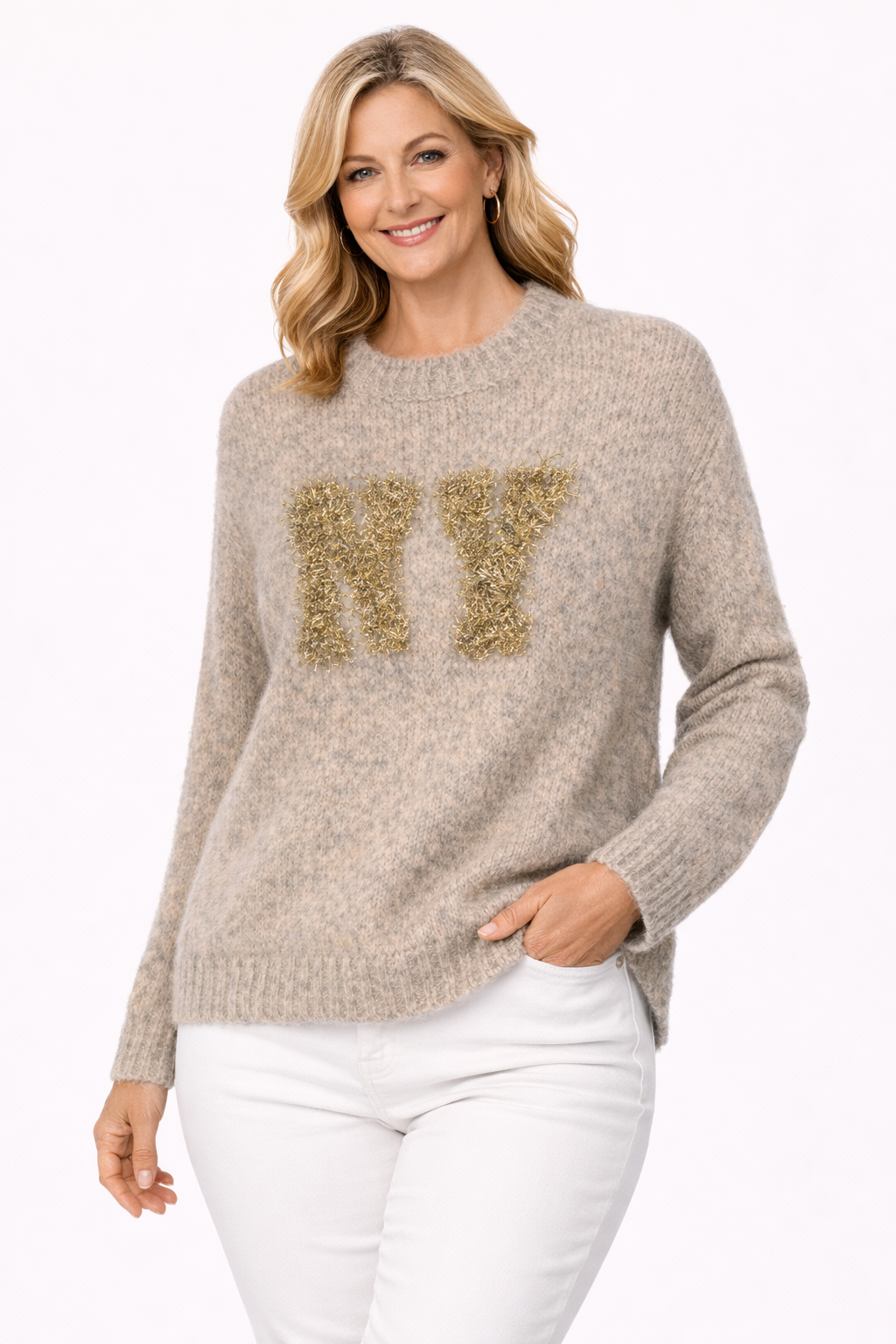 Yippie Hippie Damenpullover Grau – Alpaka Strickpullover mit goldenen Initialen
