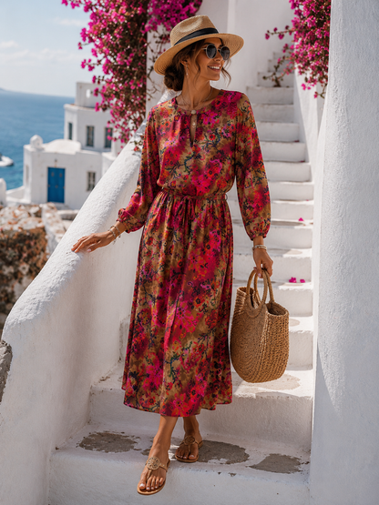 Yippie Hippie Maxikleid Damen – Florales Viskosekleid mit Bindegürtel und Taschen