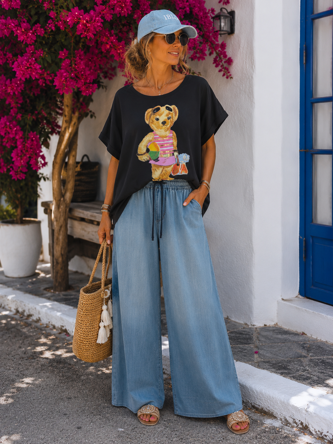 Beach Teddy Damen T-Shirt Schwarz | Sommer Shirt mit Teddybär Motiv | Oversize 38–42 🐻☀️