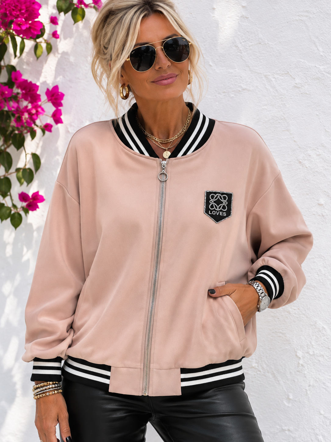 Damen Zweiteiler Beige aus Viskose-Mix – Collegejacke mit Reißverschluss & Hose mit Gummizug und Kordelzug 38-42