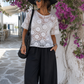 Women's White Crochet Blouse with Floral Pattern - Boho Ibiza Style - Lined Front | Cotton | Size S/M