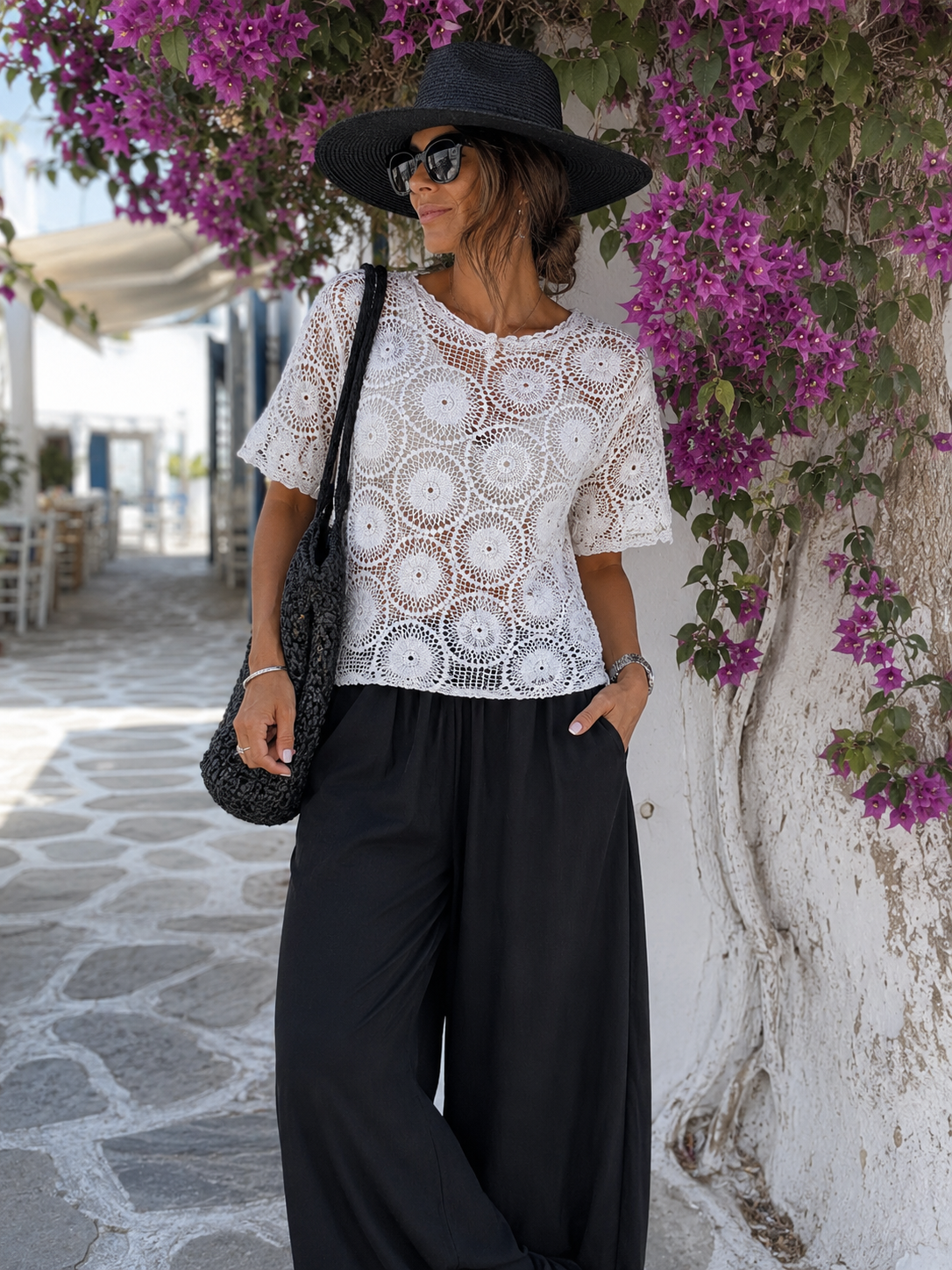 Women's White Crochet Blouse with Floral Pattern - Boho Ibiza Style - Lined Front | Cotton | Size S/M