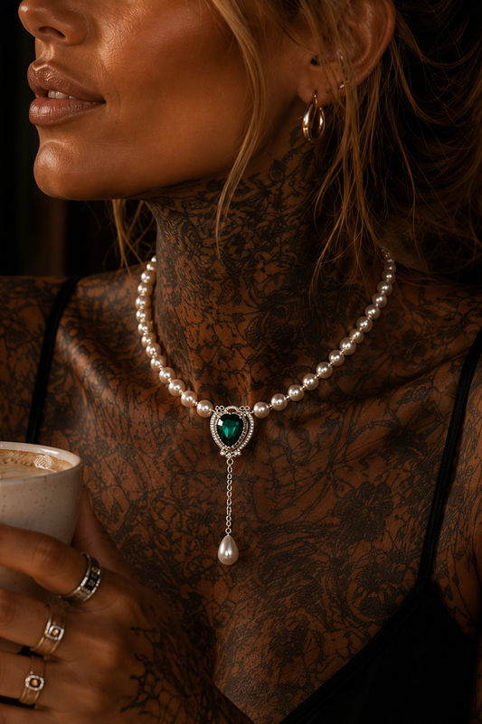 Black statement necklace with double ring pendant