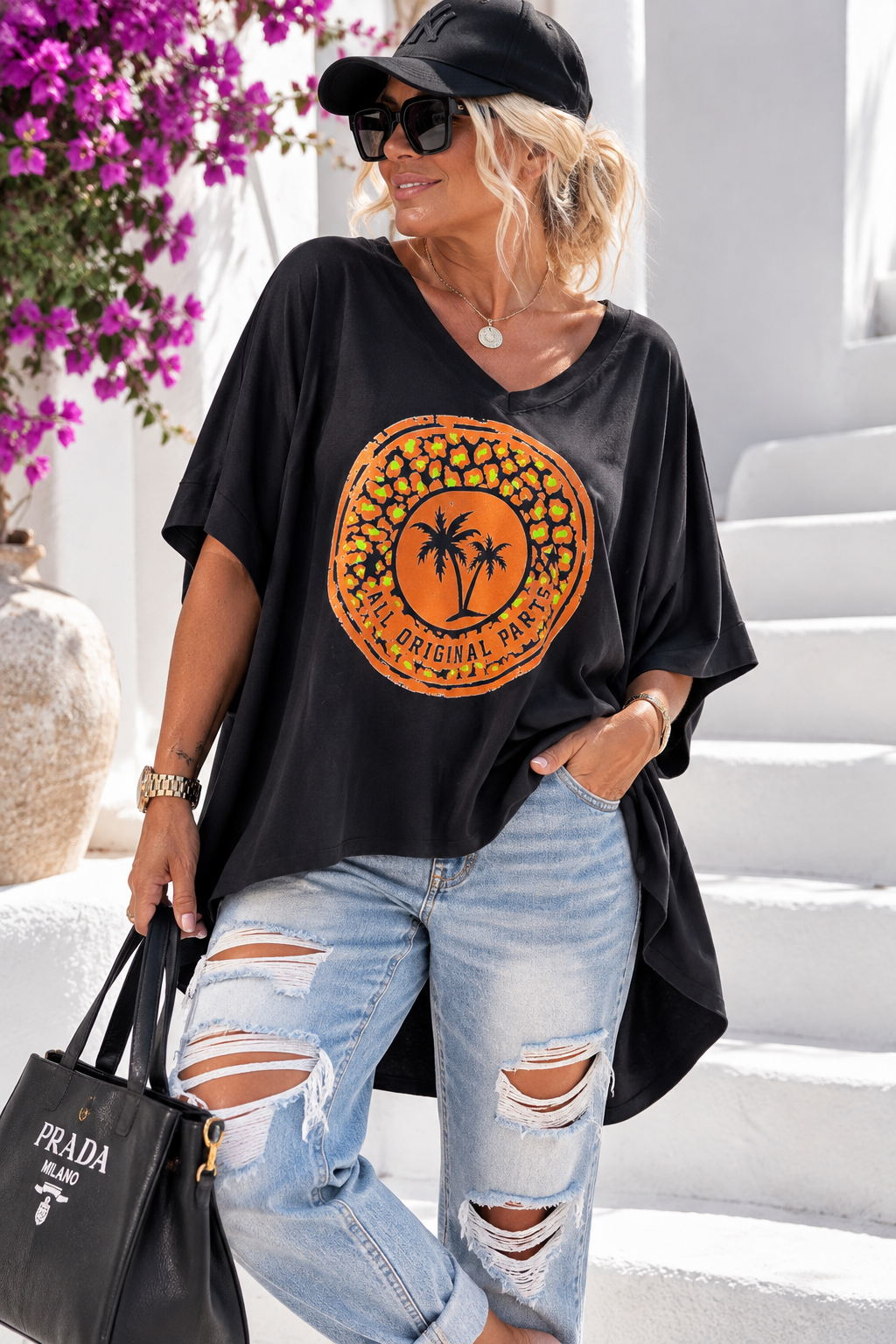 Ibiza Oversize-Shirt mit Neon-Palmenprint, Pink, Weiß oder Schwarz, Größe 38–46