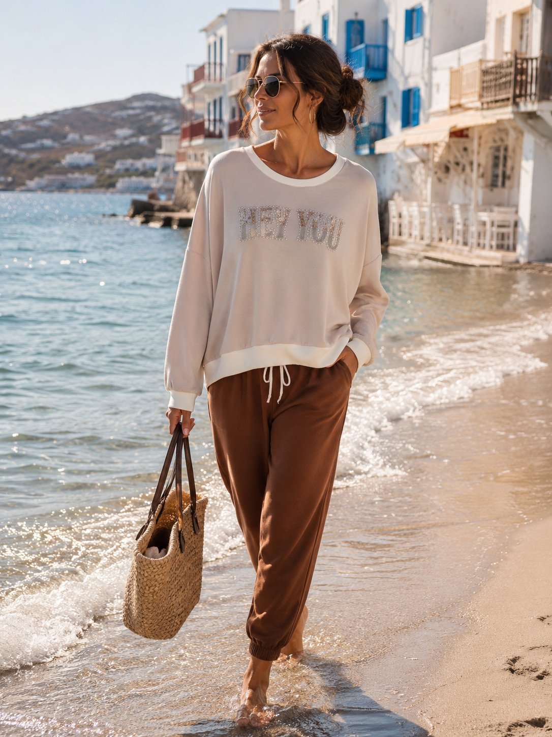 Leichter Damen Sweater aus Viskose – Oversize Pullover mit Glitzer-Schriftzug HEY YOU (38-42)