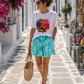 Neon Rose Curvy T-Shirt Weiß – Damen Baumwollshirt mit Rosenprint 40–48