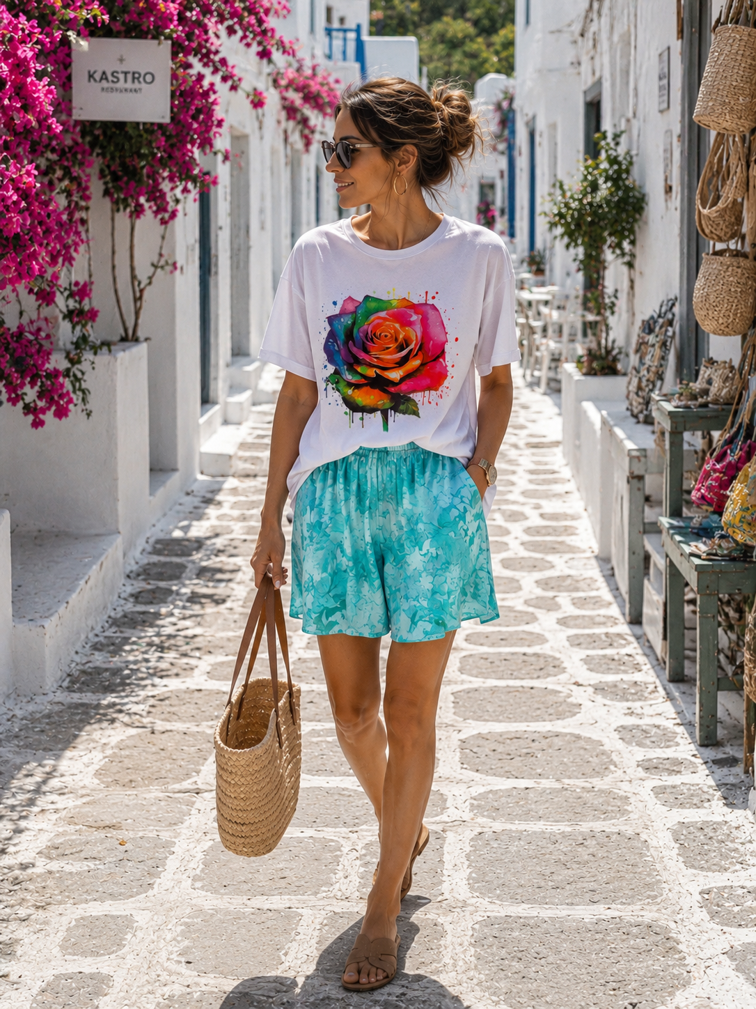 Neon Rose Curvy T-Shirt Weiß – Damen Baumwollshirt mit Rosenprint 40–48