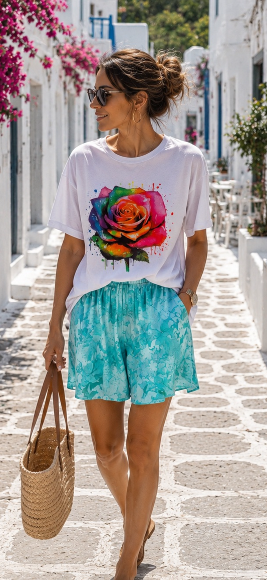 Neon Rose Curvy T-Shirt Weiß – Damen Baumwollshirt mit Rosenprint 40–48