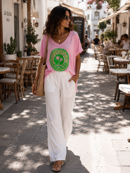 Ibiza Oversize-Shirt mit Neon-Palmenprint, Pink, Weiß oder Schwarz, Größe 38–46