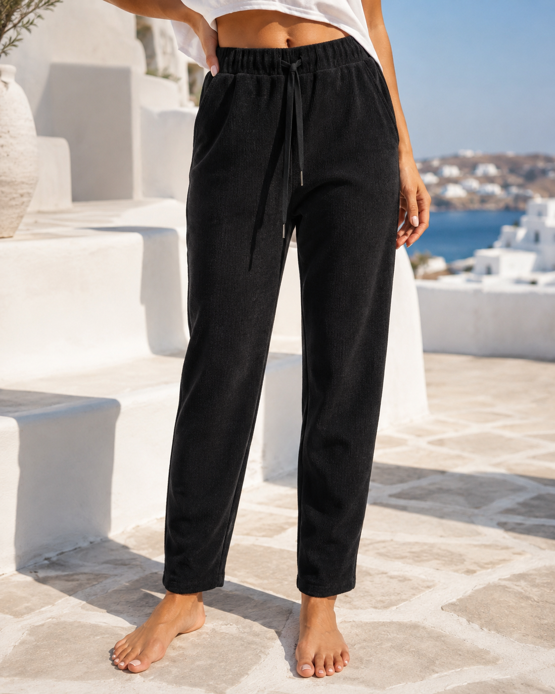 Damen Cordhose Schwarz – Stretch Hose mit Gummibund & Kordelzug | Bequeme Boutique Hose 38–42